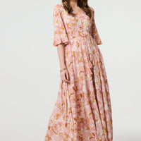 Floral 3/4 Flare Sleeve Smock Maxi Dress