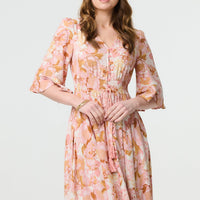 Floral 3/4 Flare Sleeve Smock Maxi Dress