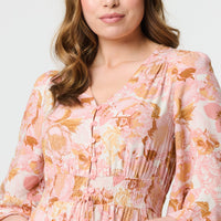 Floral 3/4 Flare Sleeve Smock Maxi Dress