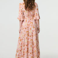 Floral 3/4 Flare Sleeve Smock Maxi Dress
