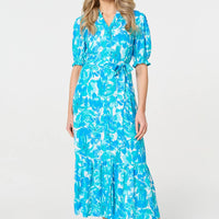Printed 1/2 Puff Sleeve Tie Waist Maxi Dress