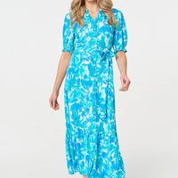 Printed 1/2 Puff Sleeve Tie Waist Maxi Dress