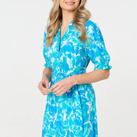 Printed 1/2 Puff Sleeve Tie Waist Maxi Dress