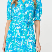 Printed 1/2 Puff Sleeve Tie Waist Maxi Dress