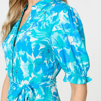 Printed 1/2 Puff Sleeve Tie Waist Maxi Dress