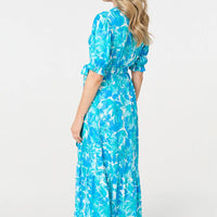 Printed 1/2 Puff Sleeve Tie Waist Maxi Dress