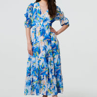 Abstract 3/4 Puff Sleeve Tiered Maxi Dress