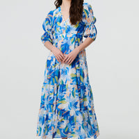 Abstract 3/4 Puff Sleeve Tiered Maxi Dress