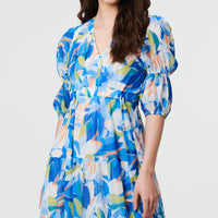Abstract 3/4 Puff Sleeve Tiered Maxi Dress