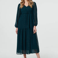 Sparkly Semi Sheer Long Sleeve Midi Dress