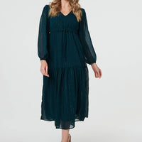 Sparkly Semi Sheer Long Sleeve Midi Dress
