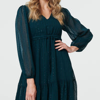 Sparkly Semi Sheer Long Sleeve Midi Dress