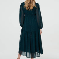 Sparkly Semi Sheer Long Sleeve Midi Dress