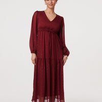 Sparkly Semi Sheer Long Sleeve Midi Dress