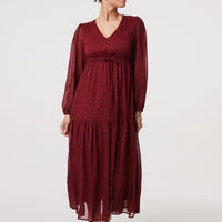 Sparkly Semi Sheer Long Sleeve Midi Dress
