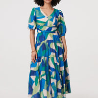 Abstract Ruched 1/2 Sleeve Midi Dress