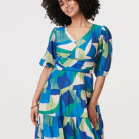 Abstract Ruched 1/2 Sleeve Midi Dress