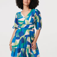 Abstract Ruched 1/2 Sleeve Midi Dress