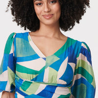 Abstract Ruched 1/2 Sleeve Midi Dress