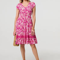Floral Cap Sleeve Lace Trim Short Dress