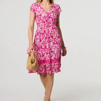 Floral Cap Sleeve Lace Trim Short Dress