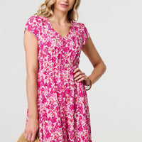 Floral Cap Sleeve Lace Trim Short Dress