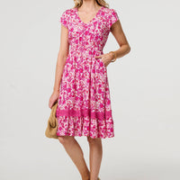 Floral Cap Sleeve Lace Trim Short Dress