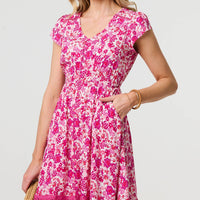 Floral Cap Sleeve Lace Trim Short Dress