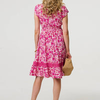 Floral Cap Sleeve Lace Trim Short Dress