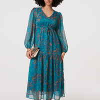 Leaf Print Sheer Tie Waist Maxi Dress