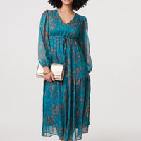 Leaf Print Sheer Tie Waist Maxi Dress