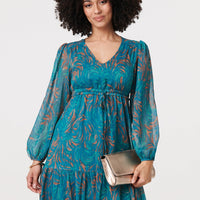Leaf Print Sheer Tie Waist Maxi Dress