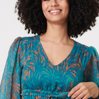 Leaf Print Sheer Tie Waist Maxi Dress