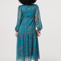Leaf Print Sheer Tie Waist Maxi Dress