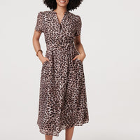 Animal Print Belted Midi Shirt Dress