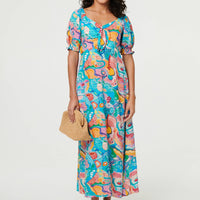 Abstract Tie Neck Puff Sleeve Midi Dress
