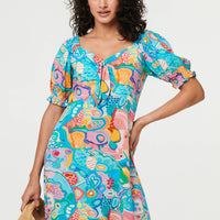 Abstract Tie Neck Puff Sleeve Midi Dress