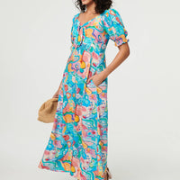 Abstract Tie Neck Puff Sleeve Midi Dress