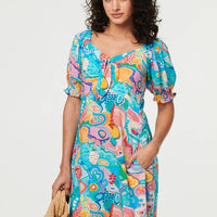 Abstract Tie Neck Puff Sleeve Midi Dress