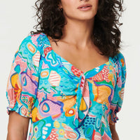 Abstract Tie Neck Puff Sleeve Midi Dress