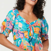 Abstract Tie Neck Puff Sleeve Midi Dress