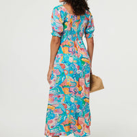 Abstract Tie Neck Puff Sleeve Midi Dress