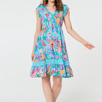 Abstract Shirred Lace Trim Midi Dress