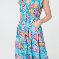 Abstract Shirred Lace Trim Midi Dress