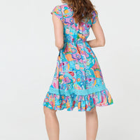 Abstract Shirred Lace Trim Midi Dress