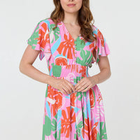 Abstract Shirred Knee Length Dress