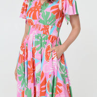 Abstract Shirred Knee Length Dress