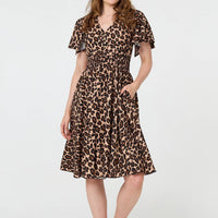 Animal Print Shirred Knee Length Dress