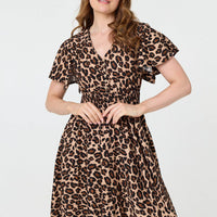 Animal Print Shirred Knee Length Dress