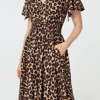 Animal Print Shirred Knee Length Dress